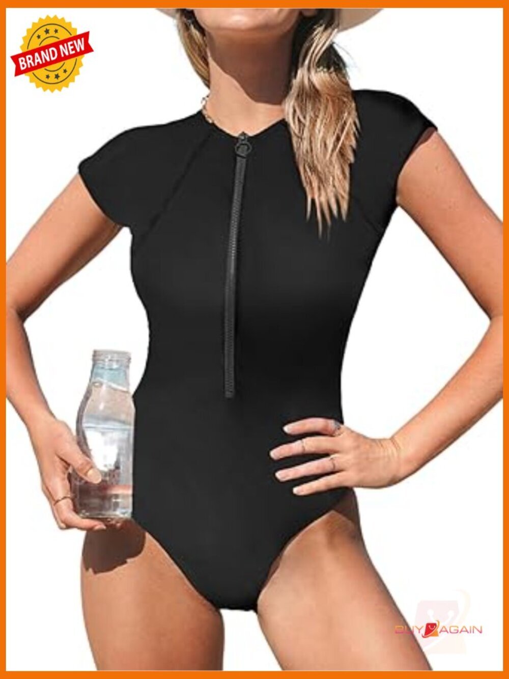 Mock Neck Zipper Short Sleeve One Piece Swimsuit UPF 15